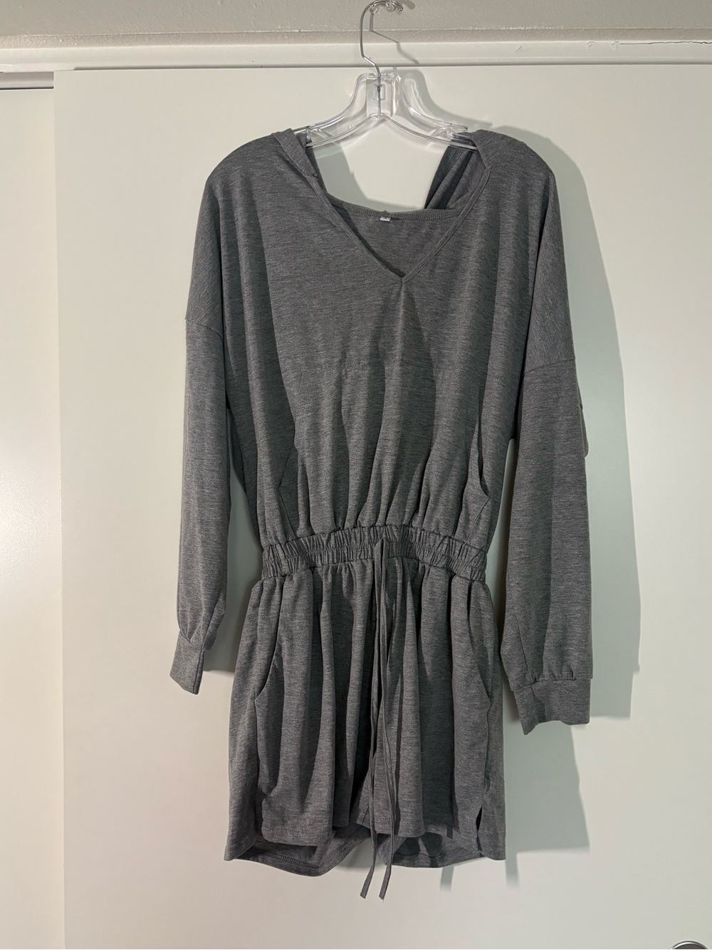 Gray Activewear Romper w/ Hoodie, Drawstring, & Pockets